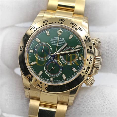 rolex daytona 40mm 18kt yellow gold green dial|Rolex cosmograph daytona 2023 price.